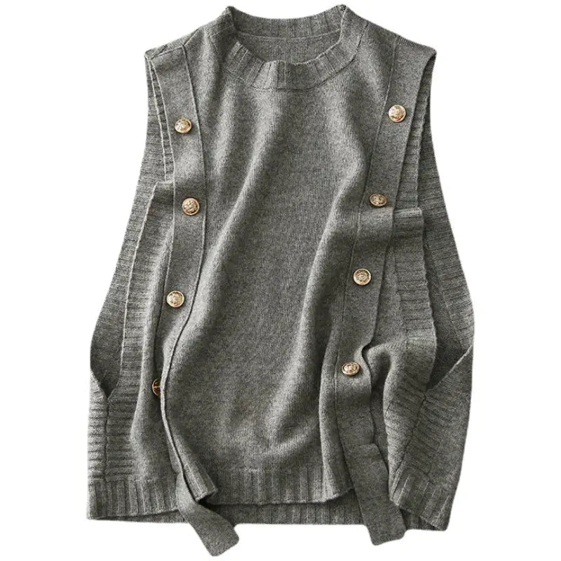 Women Knitted Button Vest Gray Casual Autumn Sweater